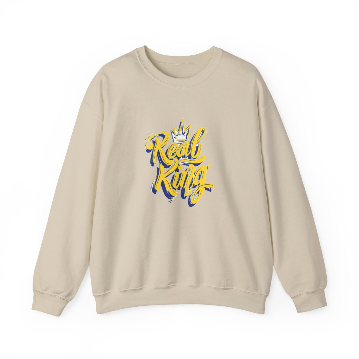 A light blue with the words "Real King" in yellow script and a blue outline, along with a yellow crown graphic. The shirt is a crew neck style - alternate angle 4, merchandise