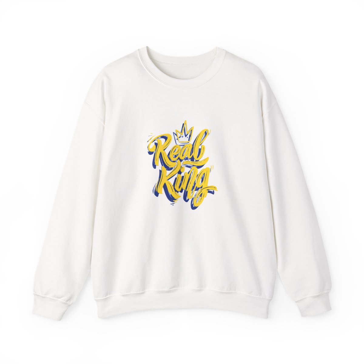A light blue with the words "Real King" in yellow script and a blue outline, along with a yellow crown graphic. The shirt is a crew neck style