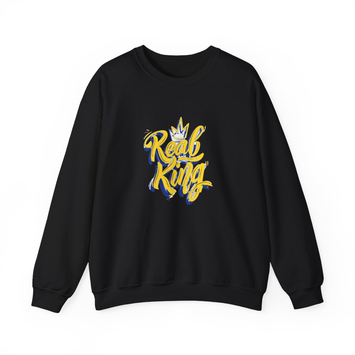 A light blue with the words "Real King" in yellow script and a blue outline, along with a yellow crown graphic. The shirt is a crew neck style - alternate angle 3, merchandise